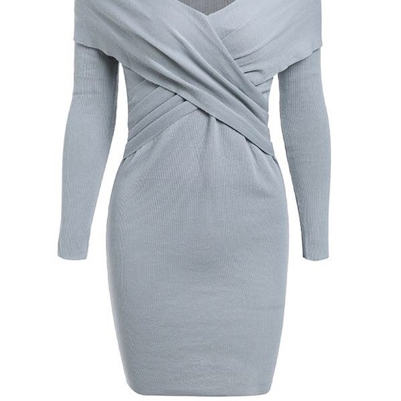 Ash Grey Off Shoulder Crisscrossed Knit Mini Dress - Picture 5 of 7